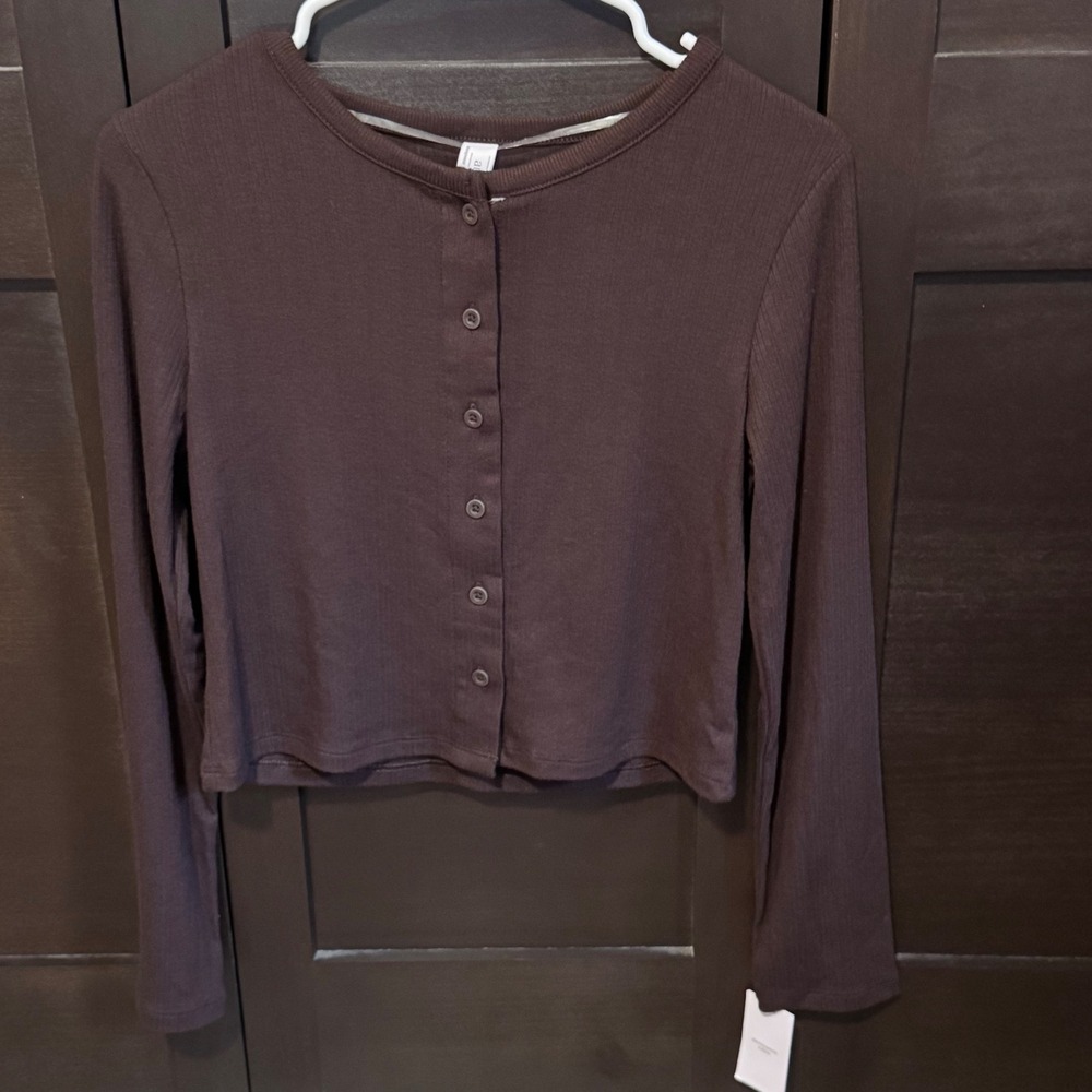 Auden Womens Brown Ribbed Button Down Cropped Long Sleeve Sleep Top Size XS NWT